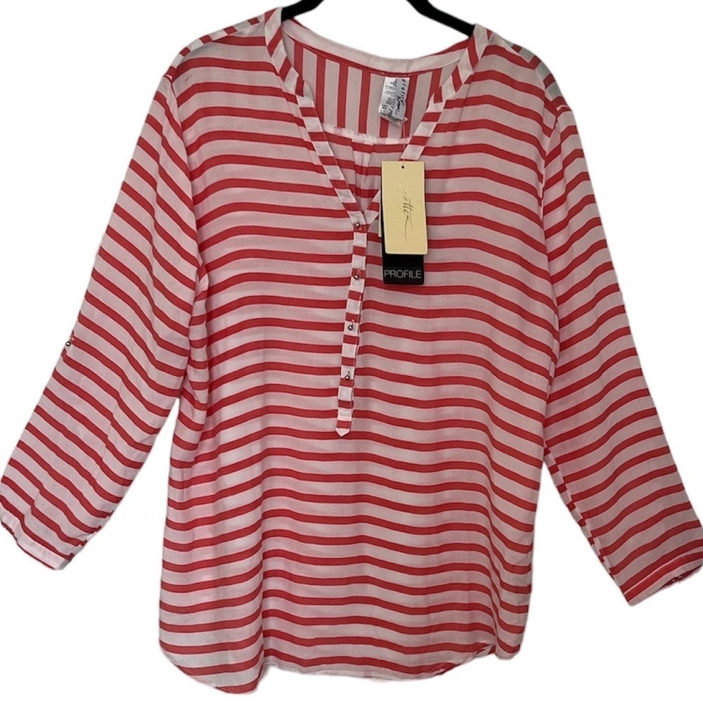 Profile by Gottex V-Neck Swimwear Pink and White Striped Top Tunic Cover…